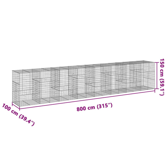 Gabionkurv med deksel 800x100x150 cm galvanisert jern