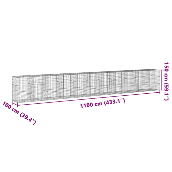 Gabionkurv med deksel 1100x100x150 cm galvanisert jern