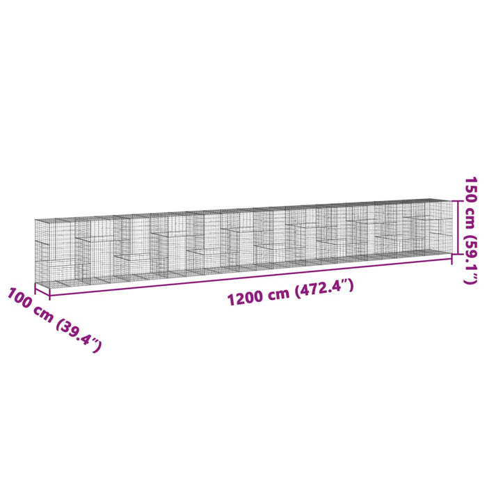 Gabionkurv med deksel 1200x100x150 cm galvanisert jern