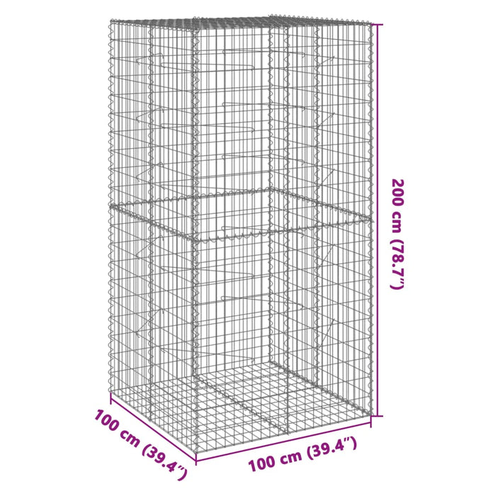 Gabionkurv med deksel 100x100x200 cm galvanisert jern