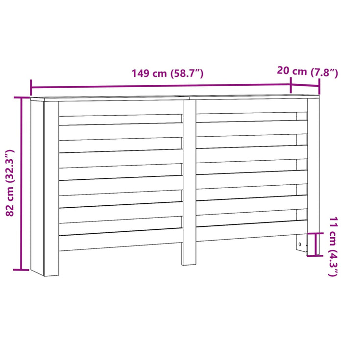 Radiatordeksel hvit 149x20x82 cm konstruert tre