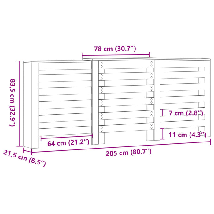 Radiatordeksel hvit 205x21,5x83,5 cm konstruert tre