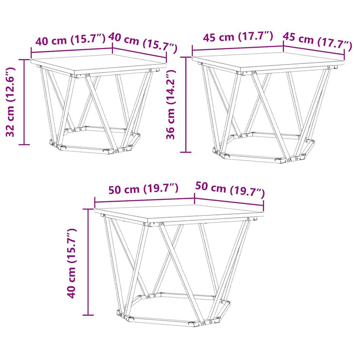 Kaffebord 3 pcs Sonoma eik 50 x 50 x 40 cm Ingeniørtre og stål
