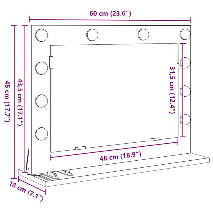 Stilfullt Speil med LED -stripelys Svart Eik 60 x 45 x 18 cm