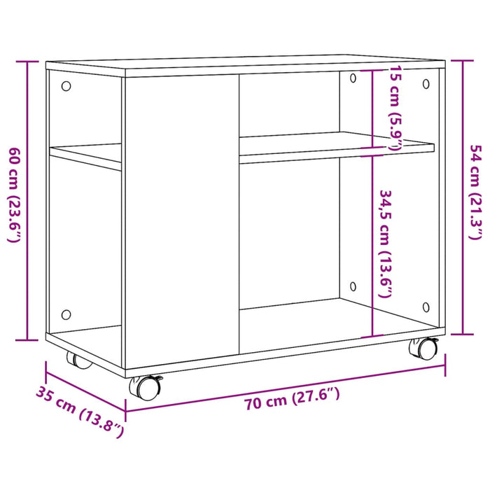 Sidebord med hjul brun eik 70x35x60 cm konstruert tre