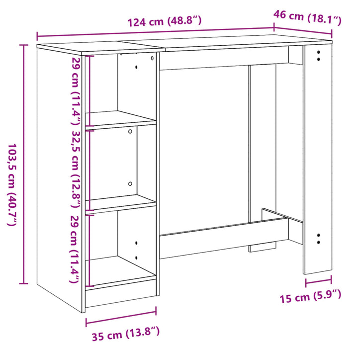 Barbord med hylle sonoma eik 124x46x103,5 cm konstruert tre