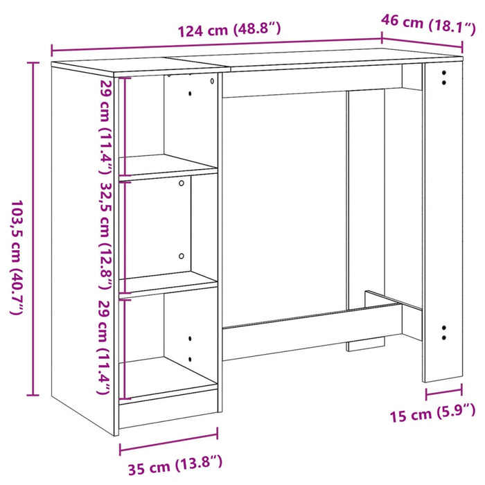 Barbord med hylle brun eik 124x46x103,5 cm konstruert tre