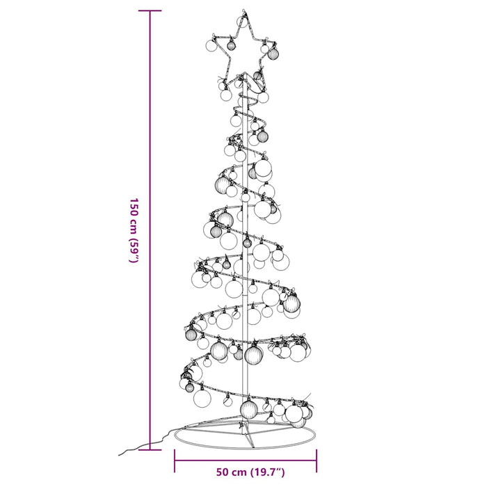 Juletre lyskjegle med kuler 100 lysdioder varm hvit 150 cm