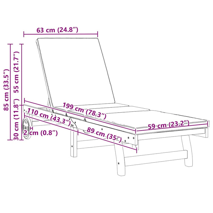 Solstol med pute 2 pcs Brun 63 x 199 x 85cm Massivt akasietre
