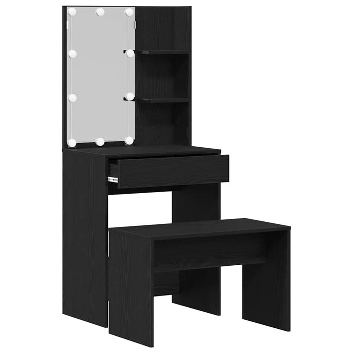 Sminkebordsett med LED Svart Eik Konstruert Tre