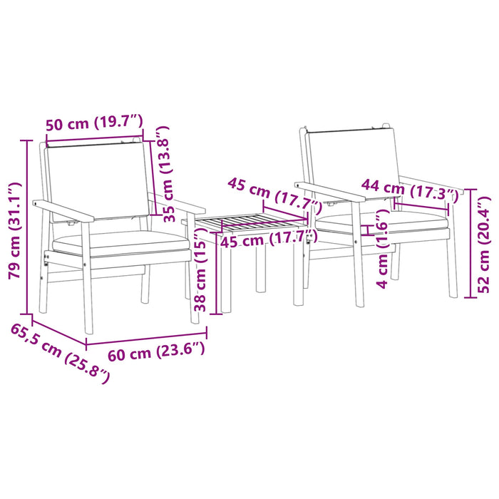 3-delt hage bistro sett med puter i massivt akasietre