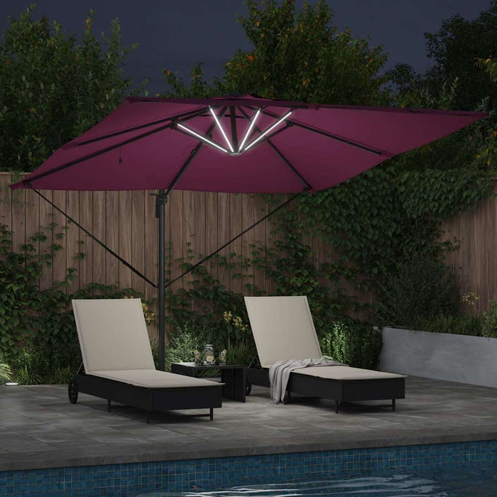 Cantilever Roma Parasol med LED i bordeauxrød, 286 x 285 x 270 cm, laget av aluminium.