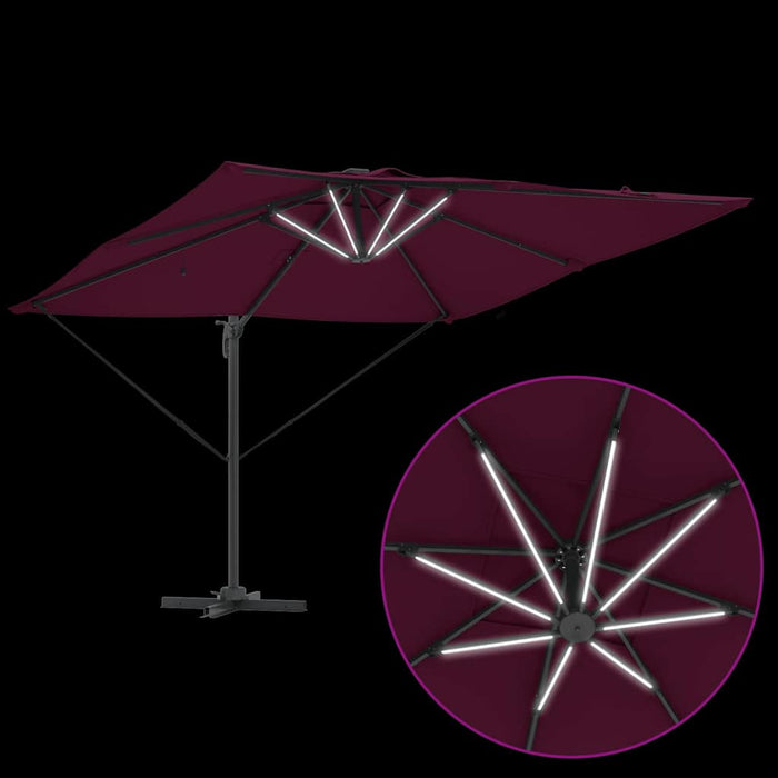 Cantilever Roma Parasol med LED i bordeauxrød, 286 x 285 x 270 cm, laget av aluminium.