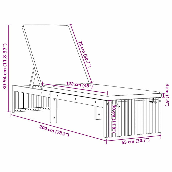 Solstol med pute 200x55x30 cm Massivt akasietre