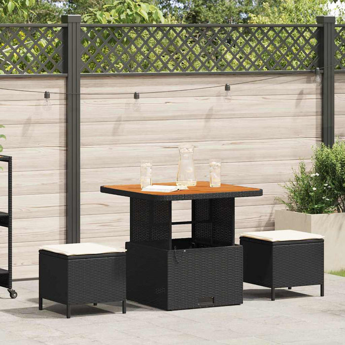 3-delt hage spisebordsett med puter svart poly rattan acacia