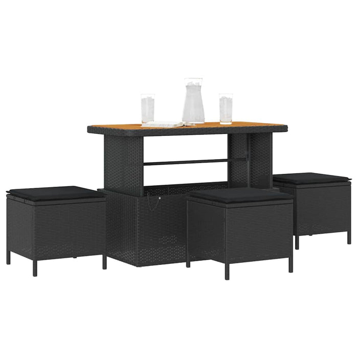 4 Delt Hagespisestolsett med Puter Svart Poly Rattan Akacia