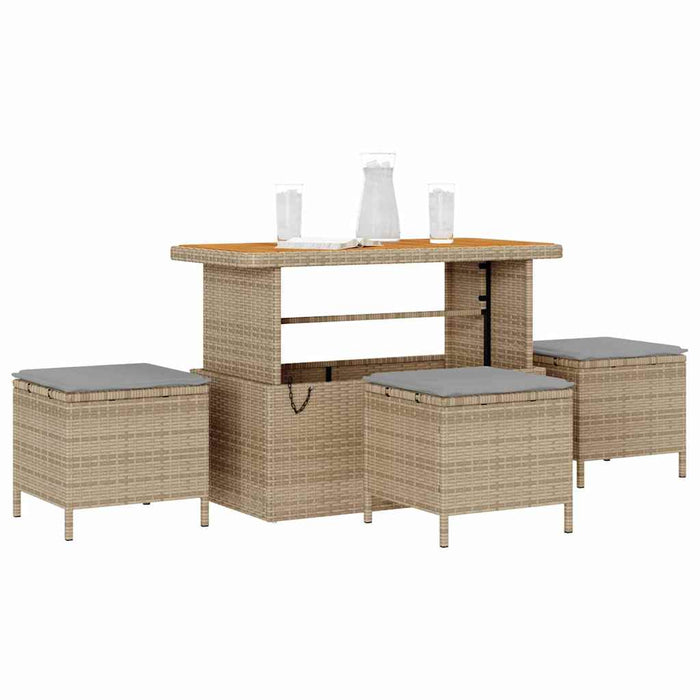 4 Delt Hage Spisegruppe med Puter Beige Poly Rattan Akasie