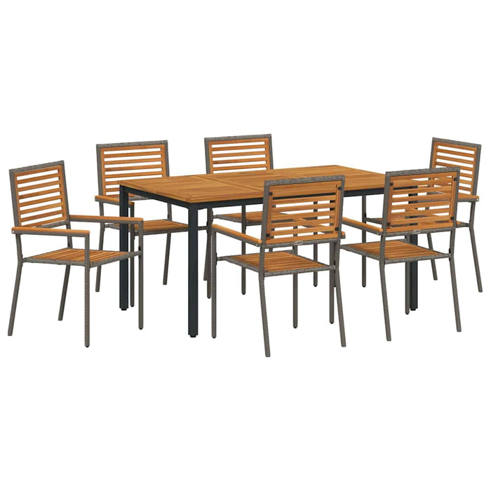 7-delt Hage Spisebordsett Grå Poly Rattan Akasie, vidaXL Stabelbare HageStoler med Puter 2 stk Grå Poly Rattan, vidaXL Hagebord 150x90x75 cm Solid Akasi Tre og Metall
