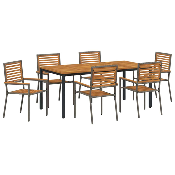 7-delt hagemøbelsett Grå Poly Rattan Akasia, vidaXL Stabelbare hage stoler med puter 2 stk Grå Poly Rattan, vidaXL Hagebord 180x90x75 cm Solid Akasiatre og Metall