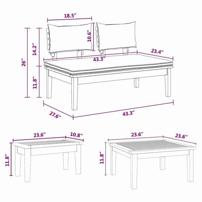 5-delt hagebenksett med puter Solid tre Teak