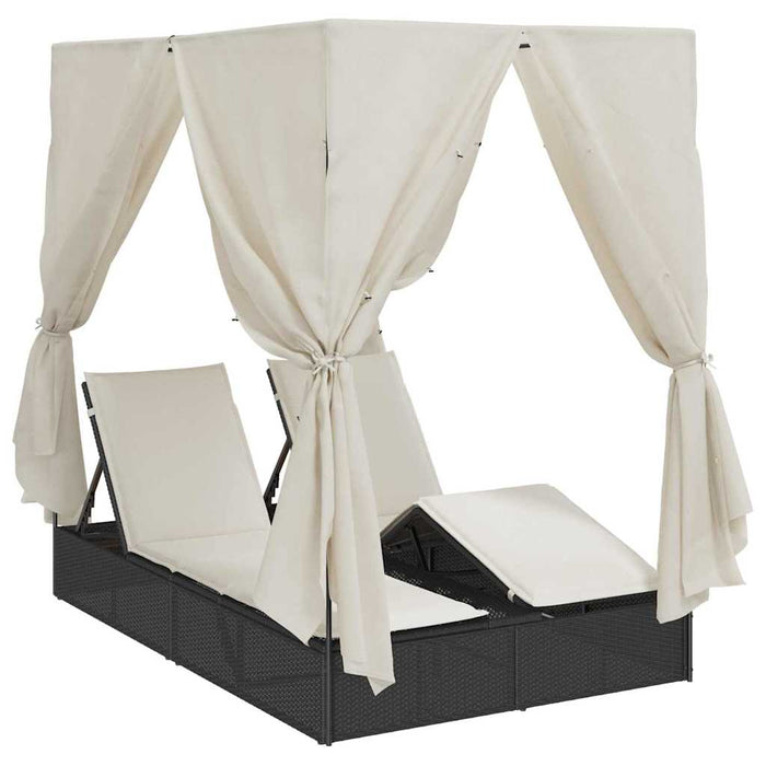 Dobbel solseng med tak og gardiner Svart 203 x 128 x 202 cm