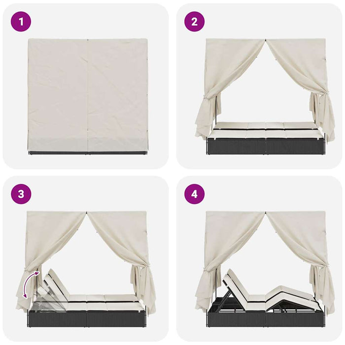 Dobbel solseng med tak og gardiner Svart 203 x 128 x 202 cm