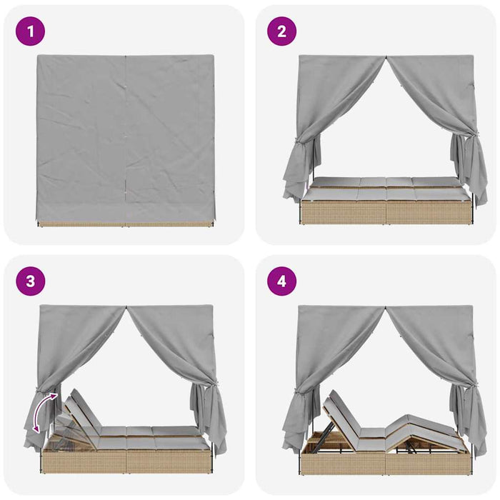 Dobbel Solseng med gardiner Justerbar Beige Standard for utendørs dagbed