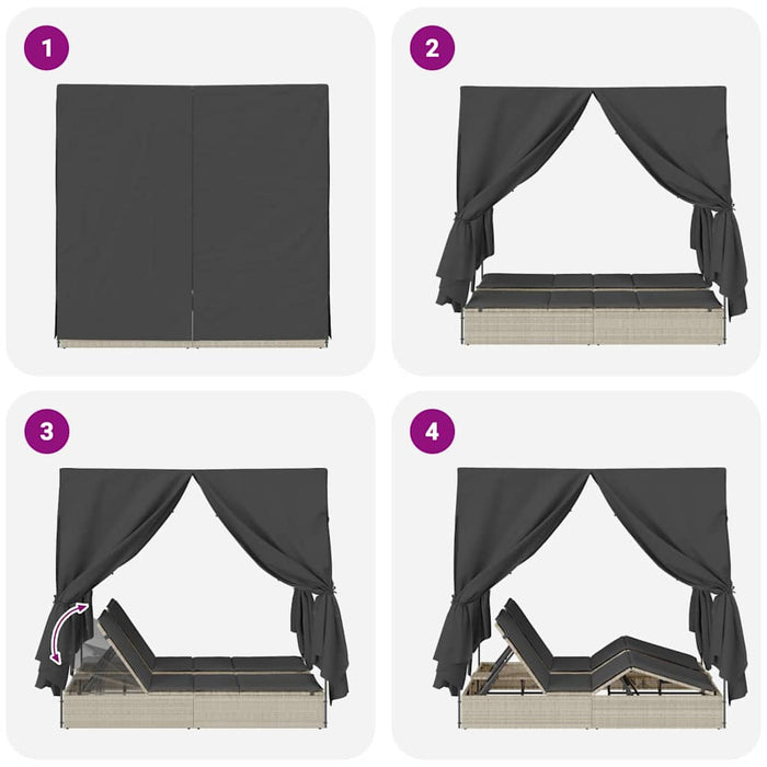 Dobbel solseng med tak og gardiner Lysegrå 203 x 128 x 202 cm