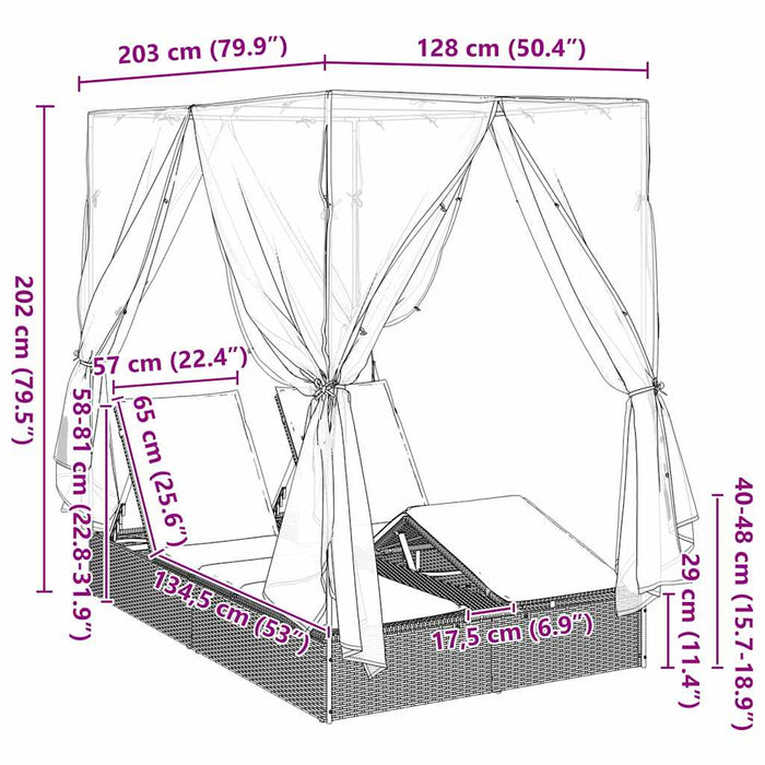 Dobbel solseng med tak og gardiner Lysegrå 203 x 128 x 202 cm