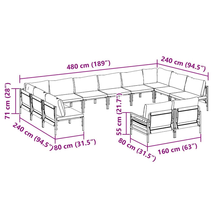 Hagesofa Set 12 pcs Antrasitt Stål
