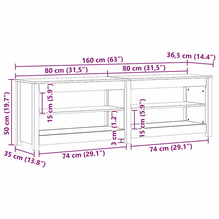 Skobenk med hylle Voksbrun 160 x 36,5 x 50 cm Heltre furu